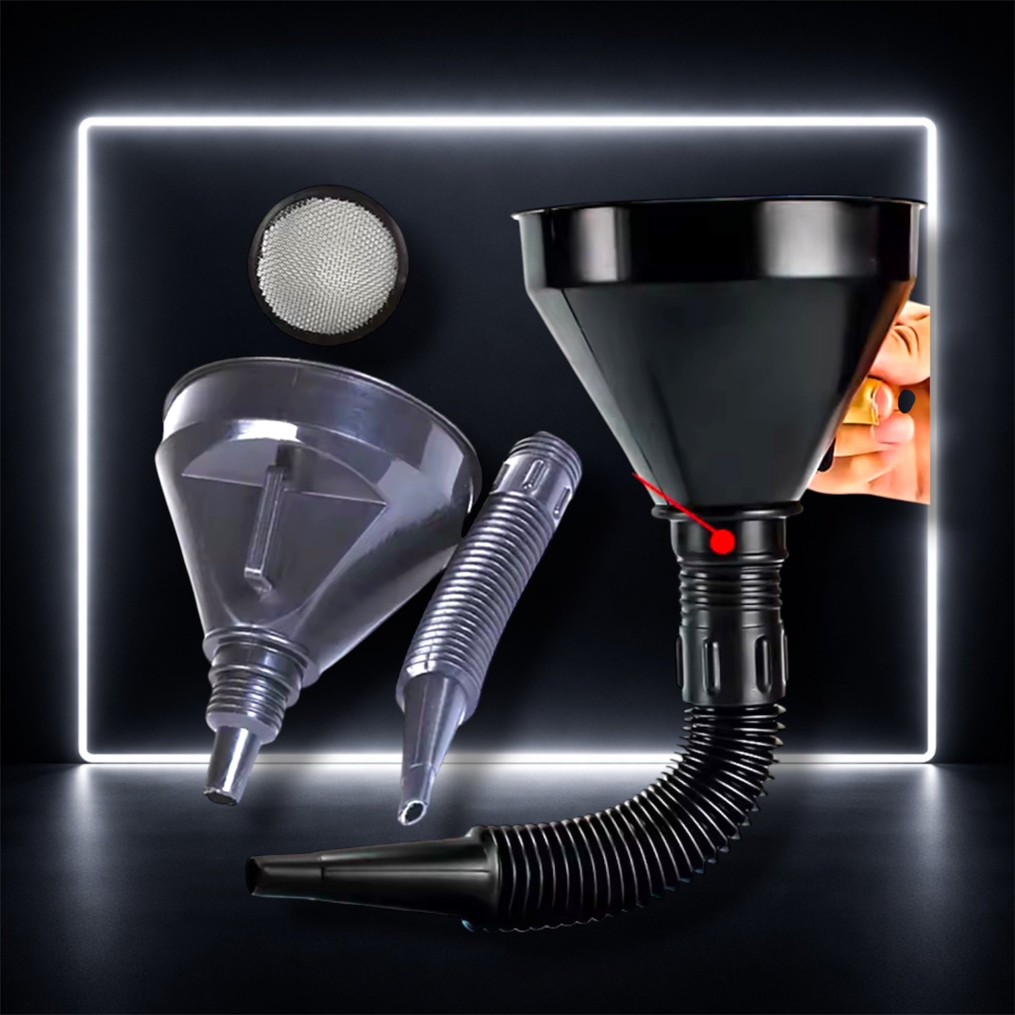 Funil com Filtro e Bico Flexível Removível – Óleo, Combustível e Líquidos