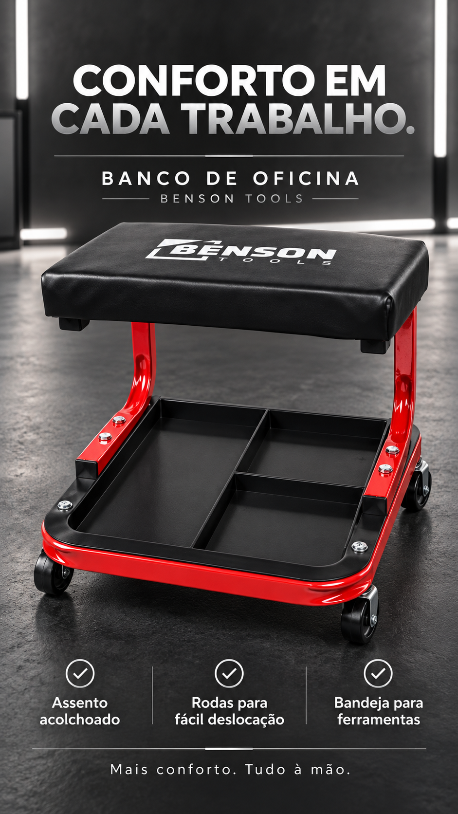Banco de Trabalho Benson Tools — Conforto e Organização para Detalhe Automóvel.