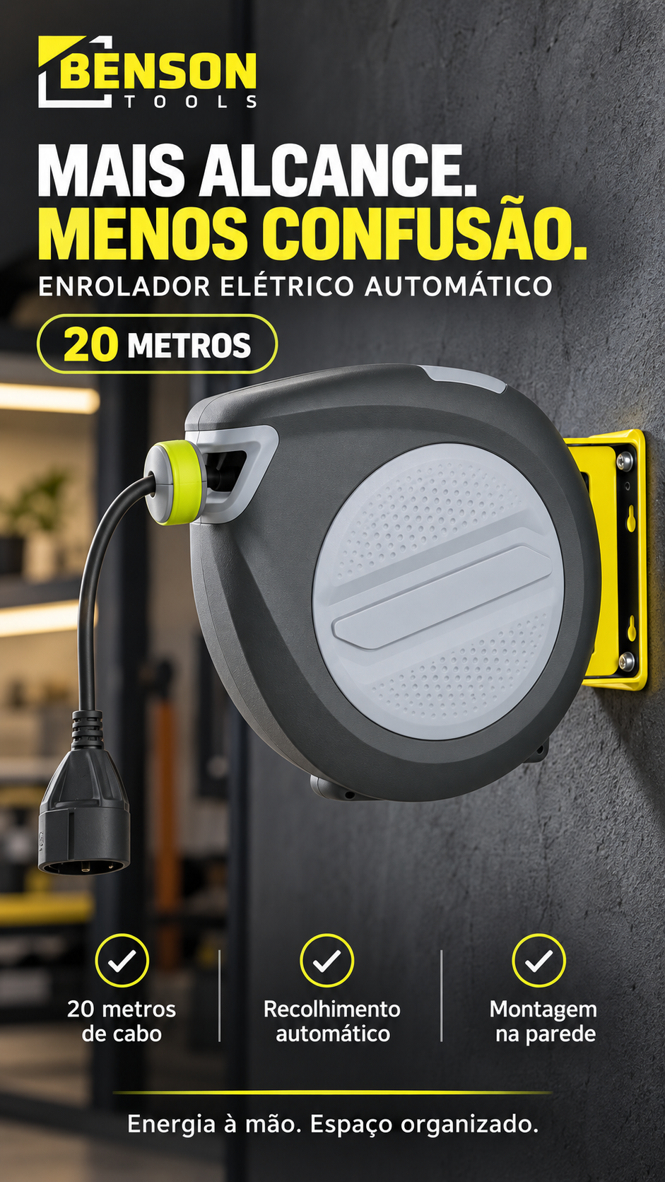 Enrolador Elétrico Automático 20 m Benson Tools — Mais Alcance, Arrumação Sem Esforço