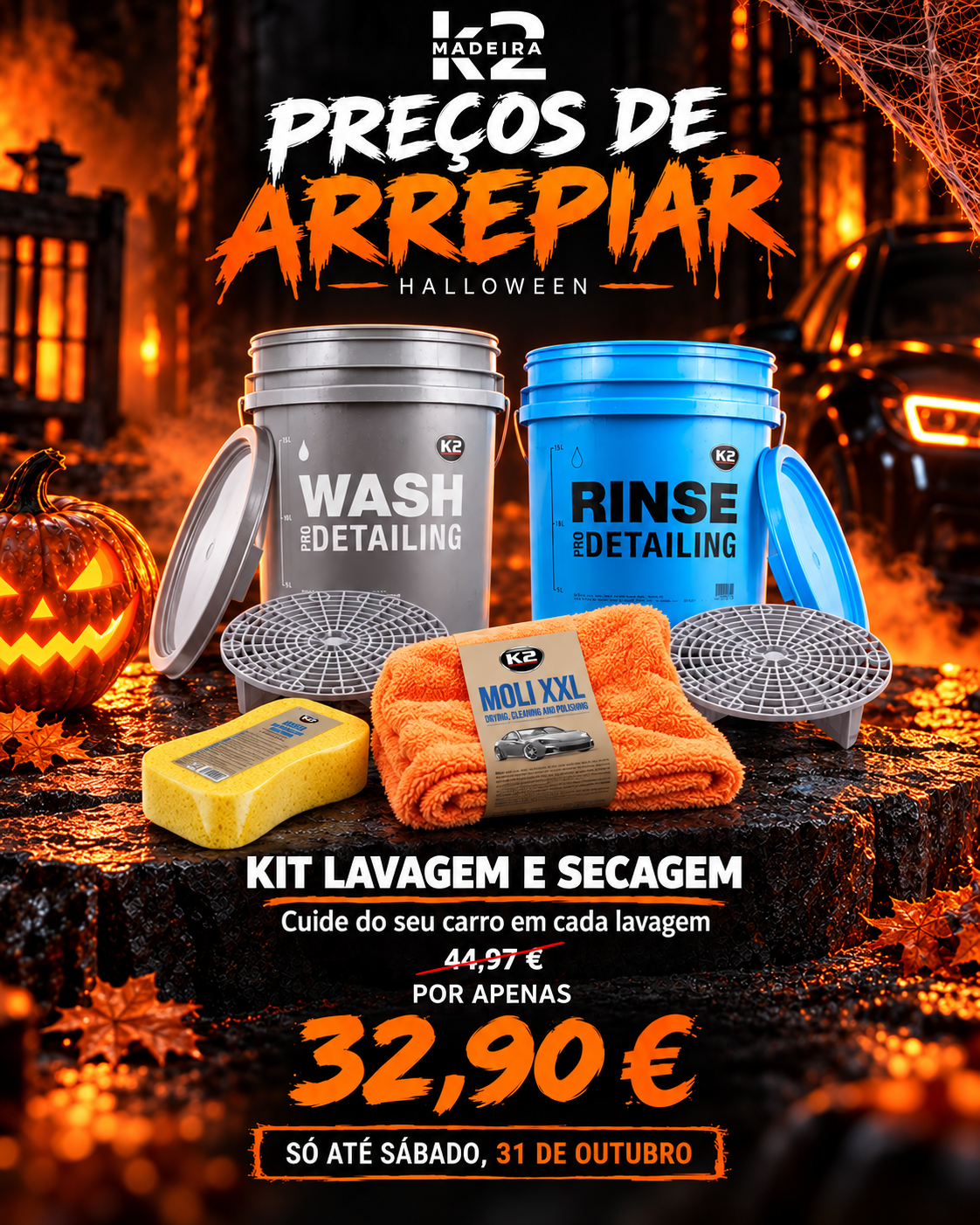 Kit Halloween Lavagem e Secagem – Balde com Rede + Esponja + Pano K2 Moli XXL