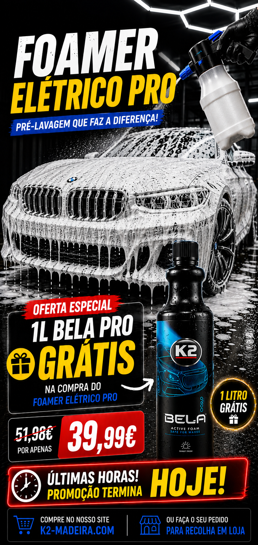 Foamer Elétrico Pro + K2 Bela Pro 1L GRÁTIS – Pré-Lavagem com Espuma Ativa