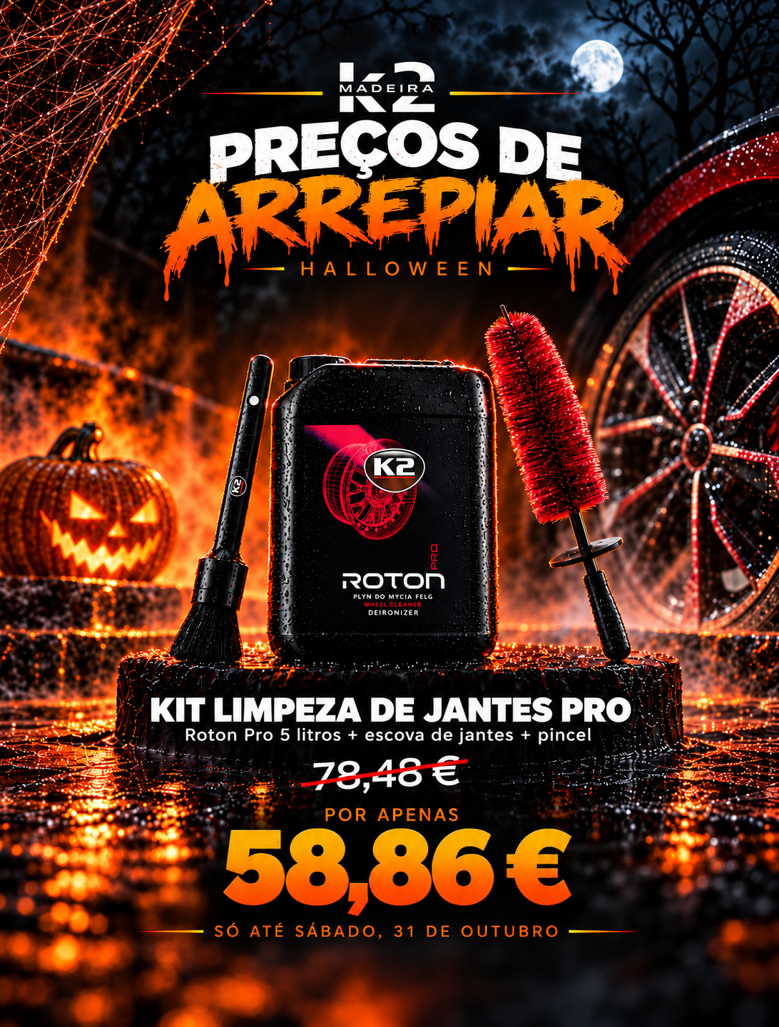 Kit Halloween Limpeza de Jantes Pro – K2 Roton Pro 5 L + Escova + Pincel