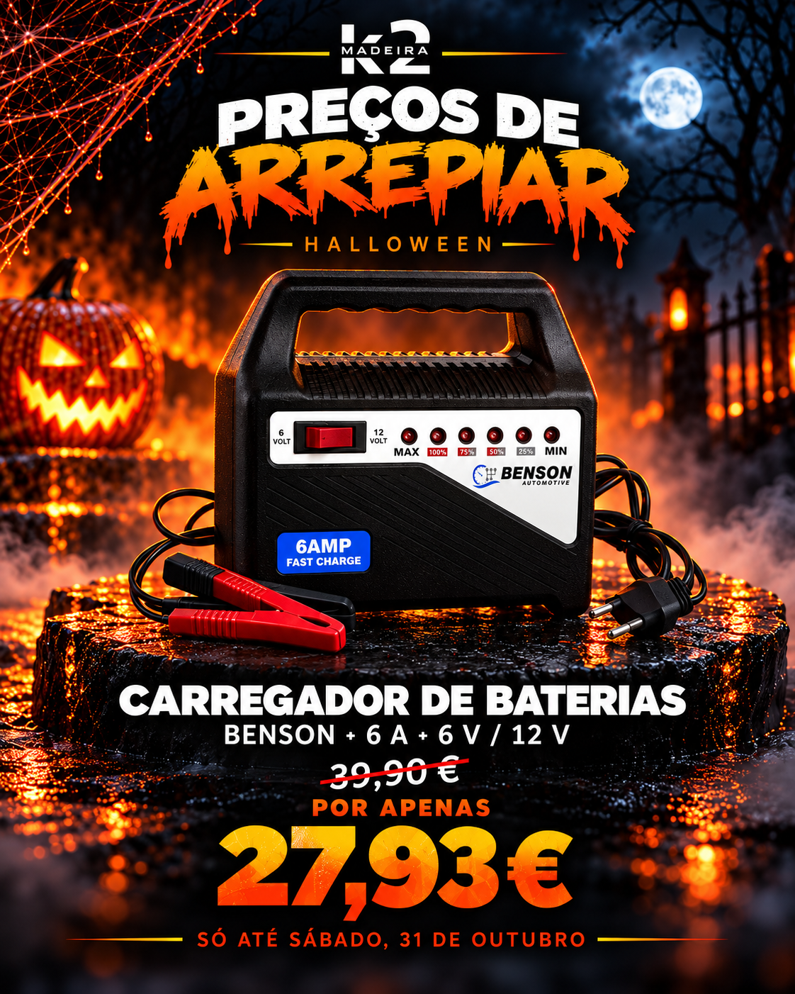 Halloween – Carregador de Baterias Benson 6 A | 6 V / 12 V