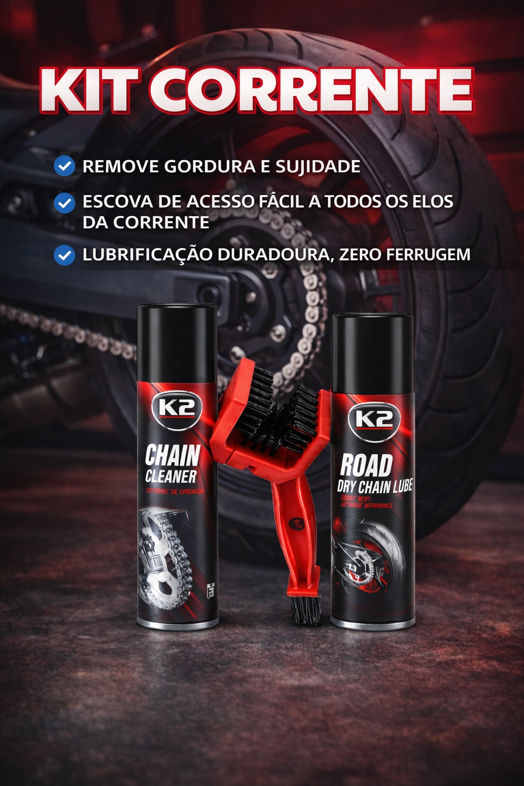 Kit de Limpeza e Lubrificação de Corrente para Mota – k2
